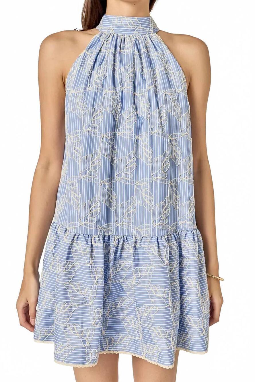 NEW AMELIA'S halter embroidered sleeveless ruffle hem dress in blue stripe